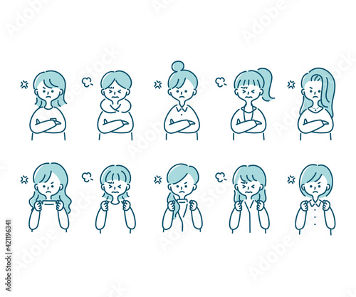 怒っているいろいろな女性