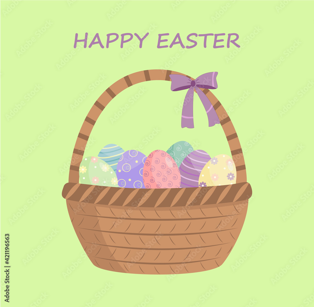 Easter card with wicker basket and decorated eggs Easter card with wicker basket and decorated eggs