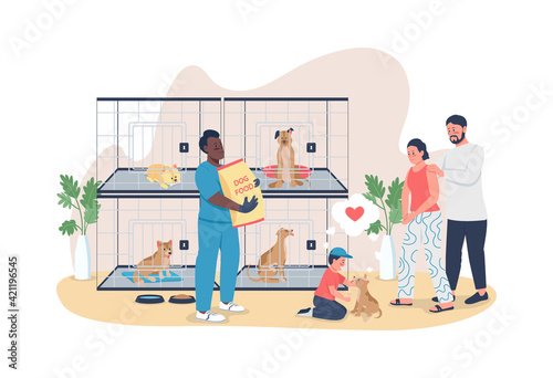 Family adopt puppy 2D vector web banner, poster. Parents with child in shelter for homeless animals flat characters on cartoon background. Dog rescue printable patch, colorful web element