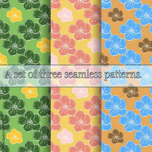 Set of three seamless floral patterns. Large bright hand-drawn flowers, light contour, careless lines.