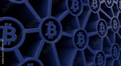 Bitcoin cryptocurrency symbol blockchain technology background. 3D Rendering