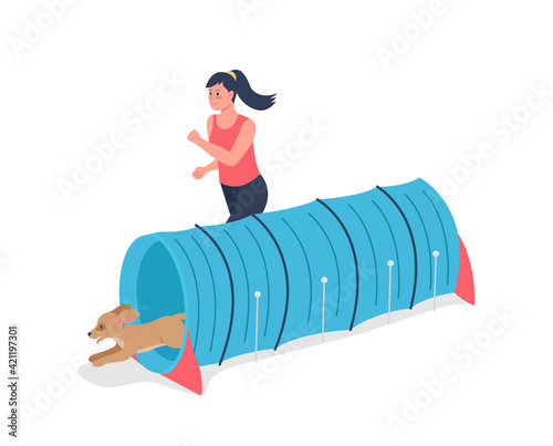 Woman running with dog for competition flat color vector detailed character. Pipe for animal contest. Pet training isolated cartoon illustration for web graphic design and animation