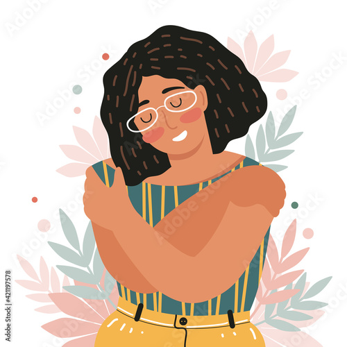 Concept of love yourself, self care, acceptance, healthy lifestyle. Woman with closed eyes smiles and hugs herself. Body positive and mental health. Happy female cartoon character. Vector illustration