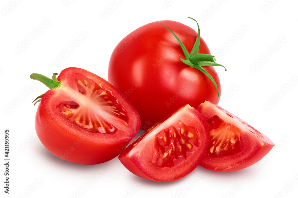 Tomato with slices isolated on white background with clipping path and full depth of field. Tomato with slices isolated on white background with clipping path and full depth of field.