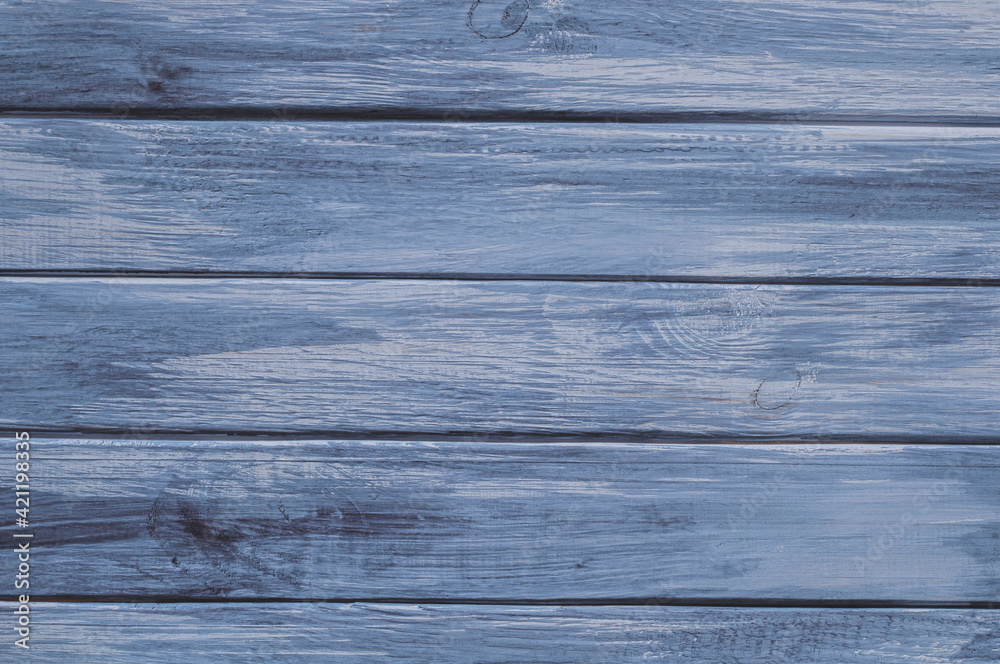 Obraz premium Texture wooden surface, old horizontal boards, gray blue paint, blank template for advertising lettering, rough material.