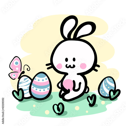Happy easter illustration with bunny, eggs and butterfly. Vector spring design.