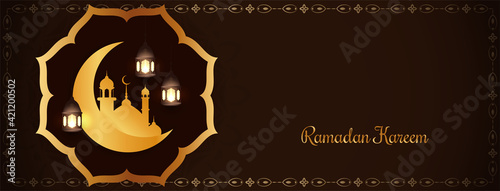 Ramadan Kareem festival banner with golden crescent moon