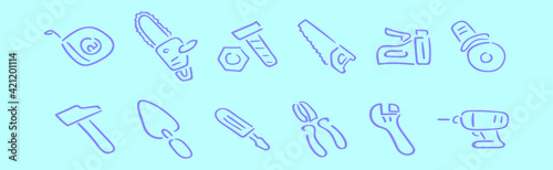 set of construction tools cartoon icon design template with various models. vector illustration isolated on blue background
