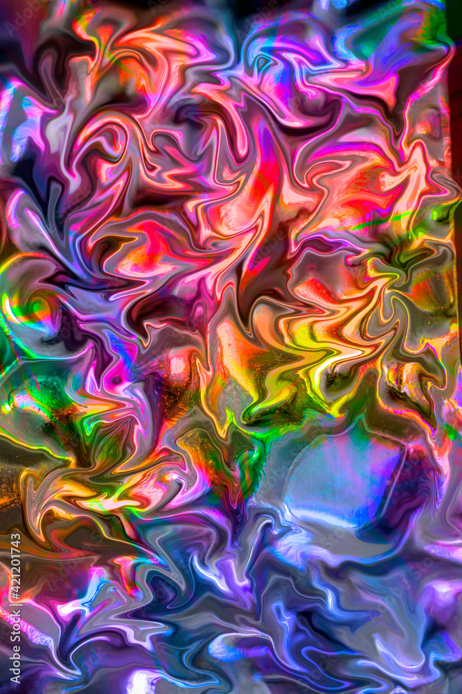 The abstract liquefying effect in the artistic background containing multicolored shapes with liquid texture, wavy lines, fluid art illustration