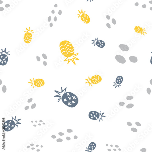 Summer pastel pineapple seamless design. Pattern for bed linen and apparel. Nordic ananas yellow and gray fun pattern. Cute baby style textile fabric cartoon ornament