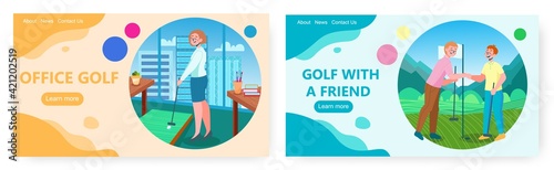 Golf sport landing page design, website banner vector template set. Sport and healthy lifestyle.