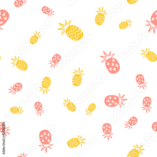 Summer pastel pineapple seamless design. Pattern for bed linen and apparel. Nordic ananas yellow and gray fun pattern. Cute baby style textile fabric cartoon ornament