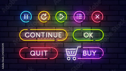 Set of vector neon game buttons. Colored neon buttons. Game button and icon neon. Vector illustration