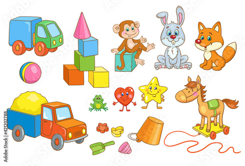 Collection of children's toys for boys and girls. In cartoon style. Isolated on white background. Vector flat illustration.