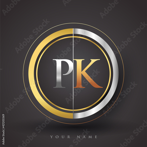PK Letter logo in a circle, gold and silver colored. Vector design template elements for your business or company identity.