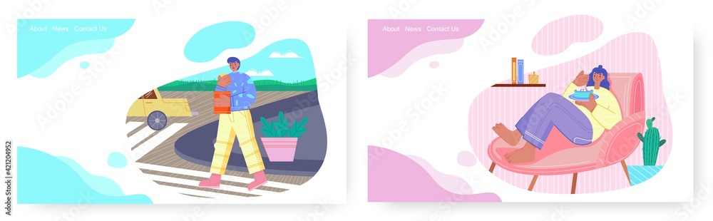 Fototapeta premium Delicious food landing page design, website banner vector template set.