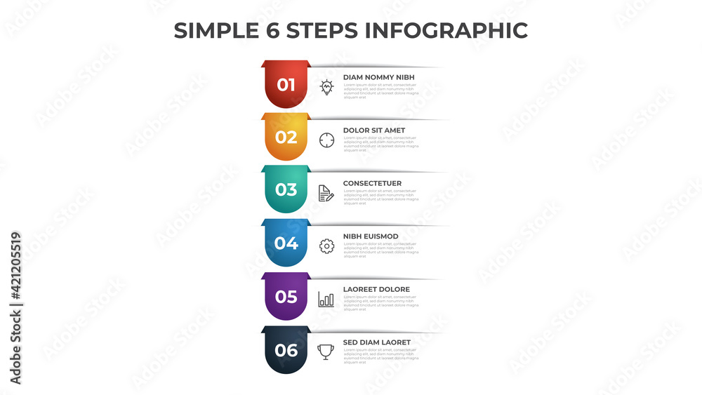 Colorful 6 points of steps diagram with simple design, infographic template vector.