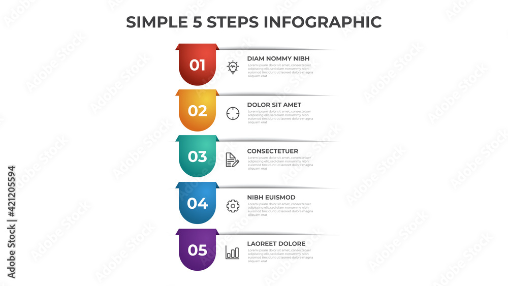 Colorful 5 points of steps diagram with simple design, infographic template vector. - obrazy, fototapety, plakaty 