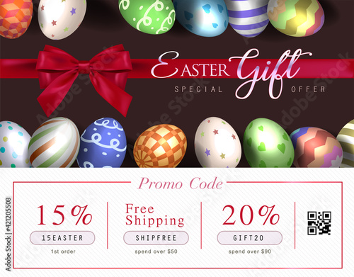 Easter poster and banner template with Easter eggs in the background. Greetings and presents for Easter Day in flat lay styling.Promotion and shopping template for Easter