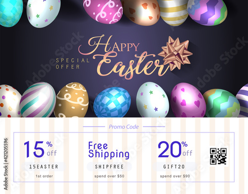 Easter poster and banner template with Easter eggs in the background. Greetings and presents for Easter Day in flat lay styling.Promotion and shopping template for Easter