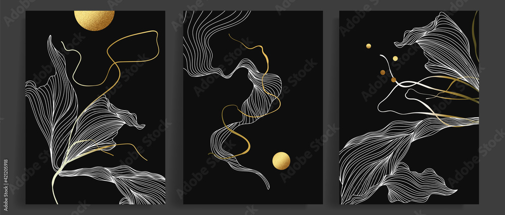 Luxury dark gold abstract art background vector. Line art design with golden hand drawn texture. Design for wall art,cover, home decor, prins and wallpaper 