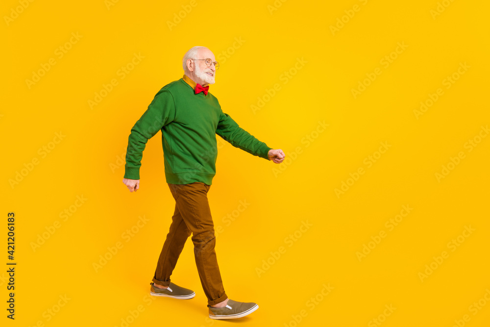 Full length photo of cute positive age gentleman wear sweater bowtie spectacles walking looking empty space isolated yellow color background