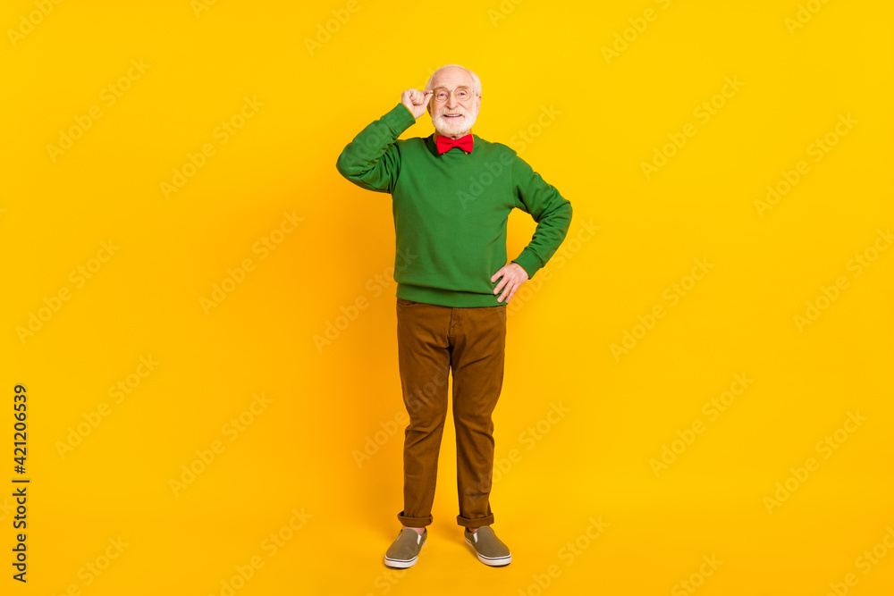 Full length photo of positive cute age gentleman wear sweater bowtie arm spectacles isolated yellow color background Full length photo of positive cute age gentleman wear sweater bowtie arm spectacles isolated yellow color background