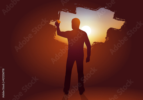 Concept de l’espoir d’une sortie de crise avec un homme qui efface symboliquement, un mur avec une éponge pour trouver une éclaircie.