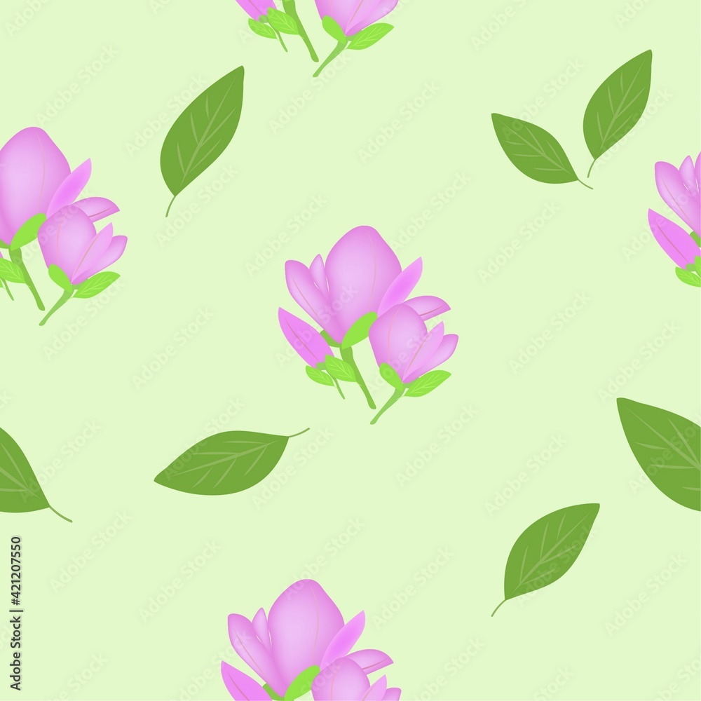 seamless pattern with magnolia flowers, green and pink colors vector design, light green background