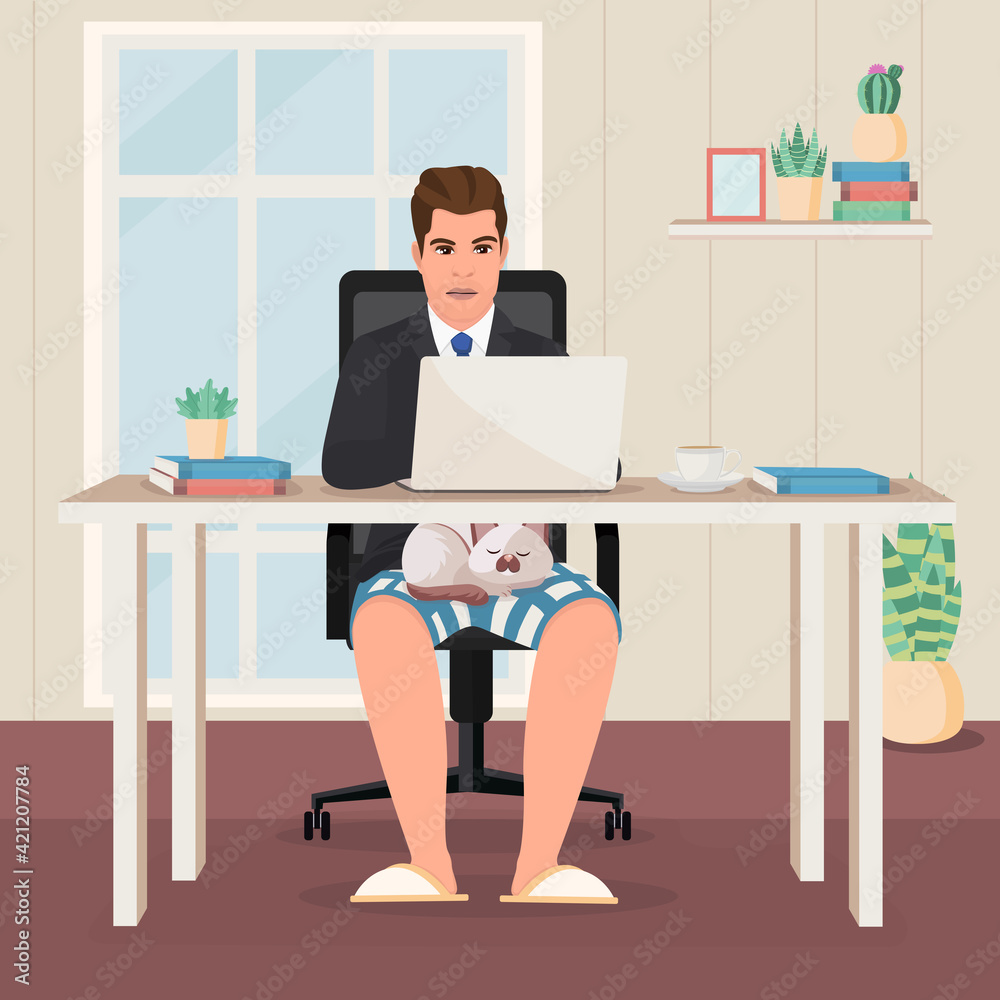 Man working from home with laptop wearing shirt, tie and pajama pants. Vector illustration. Man working from home with laptop wearing shirt, tie and pajama pants. Vector illustration.