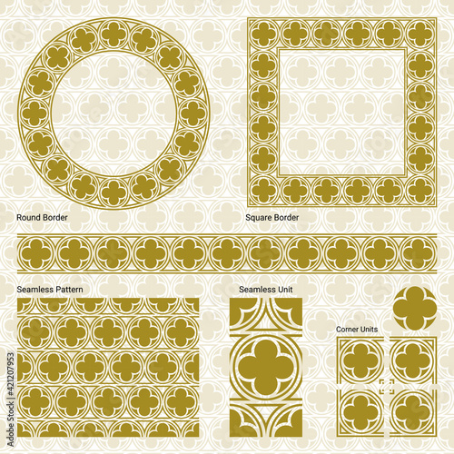 Ornament border, square frame, circle frame and a seamless Venetian pattern ( Vector gold Venice, Islamic, and Geometric pattern style with seamless border). photo