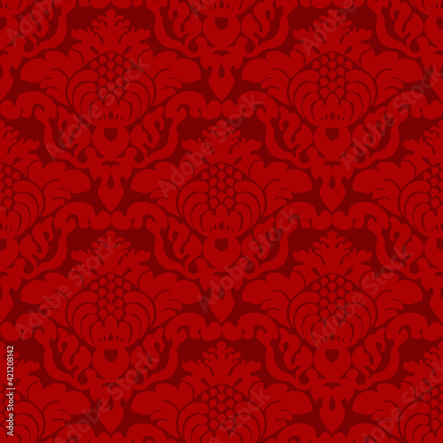 Damask seamless vector pattern. Classic vintage damask ornament, royal victorian geometric seamless pattern for wallpaper, textile, packaging. Floral baroque pattern, red background 