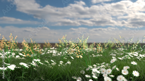 3D illustration of a grass field with white and red flowers with mountains in the background