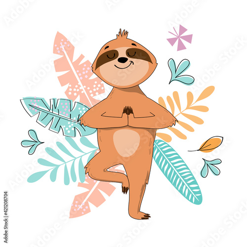 Funny sloth stands in a yoga pose in a tree pose on a white background
