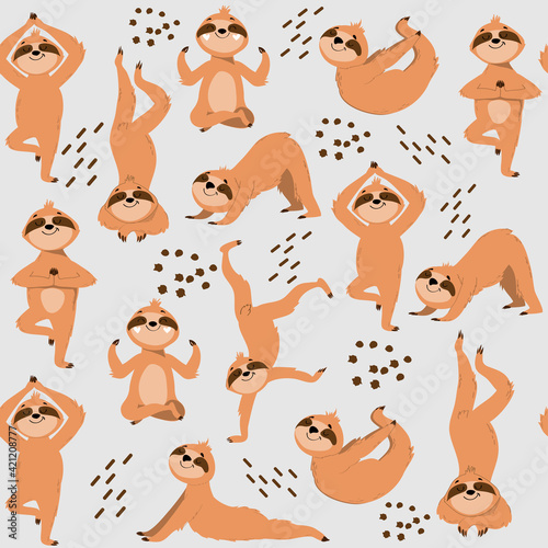 Funny sloths in different yoga poses on a grey background seamless pattern