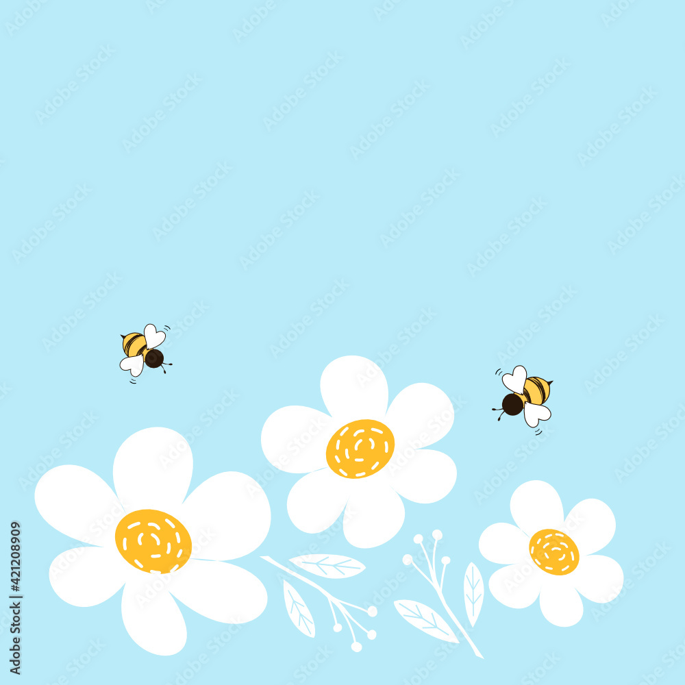 Daisy flower  and bee cartoons isolated on white background vector illustration.