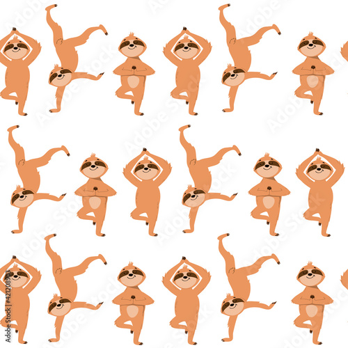 Happy sloths in yoga pose on a white background seamless pattern