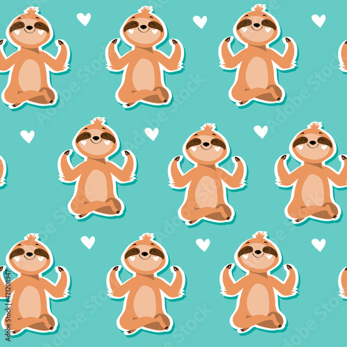 Sloth doing yoga seamless pattern on a blue background. Vector cartoon illustration