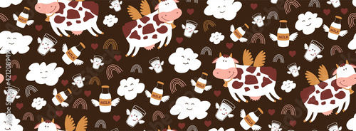 Cheerful seamless pattern.
Cute flying cow. Against a dark background. Children's drawing. Illustration for children. I love milk. Cartoon drawing of milk, clouds. Winged milk bottle and glass.