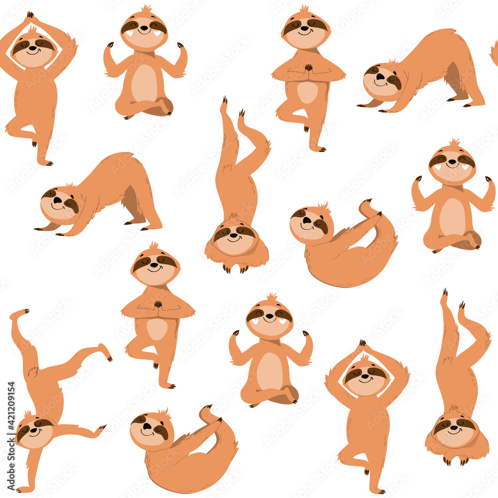 Fototapeta premium Collection of funny sloths in different yoga poses on a white background seamless pattern