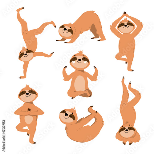 Collection of funny sloths in different yoga poses on a white background