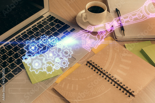 Multi exposure of technology theme drawing and desktop with coffee and items on table background. Concept of data research.