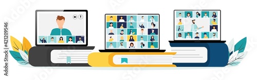 Home education concept. People study at home using a computer. Remote working. Video conference on laptop computer. Work from home and work from anywhere conceptVector illustration