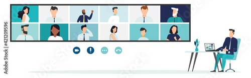 Online Virtual Meetings. Work from Home WFH During Coronavirus COVID-19 Pandemic Outbreak. Teleconference TV. Video Conference Webinars or Remote Working. Vector.