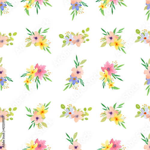 Watercolor seamless pattern with simple cute flower arrangements on a white background. Spring fresh pattern in delicate colors. 