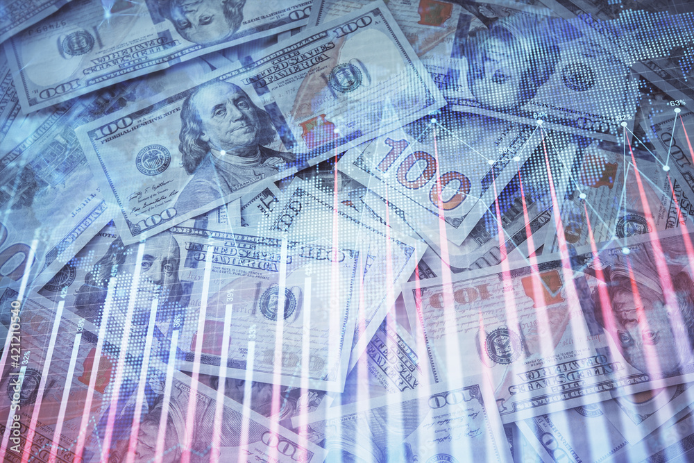 Double exposure of forex graph drawing over us dollars bill background. Concept of financial markets. Double exposure of forex graph drawing over us dollars bill background. Concept of financial markets.