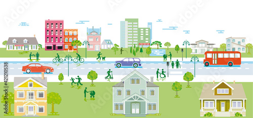 Vorort mit Fußgänger und Straßenverkehr, Illustration photo