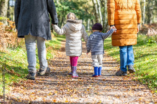 Rear view of a family walking holding hands in the wood - Mother and father with daughter and son walking together on a path on a sunny day - Family and lifestyle concepts