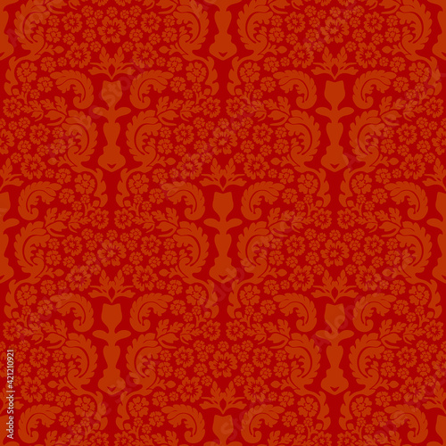 Damask seamless vector pattern. Classic vintage damask ornament, royal victorian geometric seamless pattern for wallpaper, textile, packaging. Floral baroque pattern, red background 