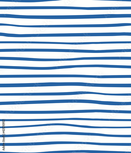 Uneven horizontal stripes simple nautical seamless geometric pattern, blue on white background. Hand drawn vector illustration. Design concept for kids fashion print, textile, wallpaper, packaging.